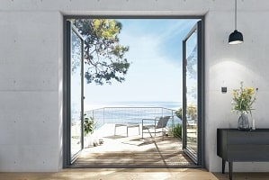 Dobbelt terrassedør i aluminium (Schüco profiler) i villa m. udsigt. njpglas.dk i Næstved, Sjælland