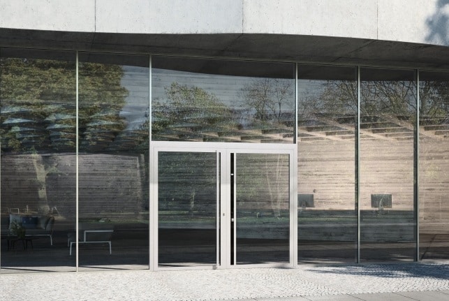 Dobbelt yderdør med glas og grå aluprofiler. njpgla.dk, 4700, Sjælland.