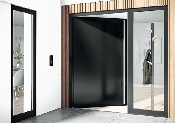 Hoveddør med glas og sort aluminium. NJP A/S, Næstved, Sjælland